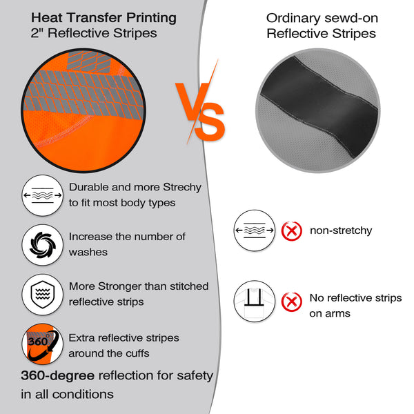 ProtectX Men's High Visibility Orange Heavy Duty Long Sleeve Reflective Safety T-Shirts for Construction,Class 3 Type R