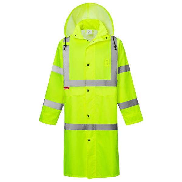 ProtectX High Visibility Green Waterproof Rain Coat for Men, Reflective One-piece Rain Jacket, Long Rain Suit, Hi Vis Safety Gear