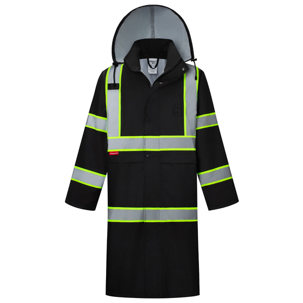 ProtectX High Visibility Black Waterproof Rain Coat for Men, Reflective One-piece Rain Jacket, Long Rain Suit, Hi Vis Safety Gear