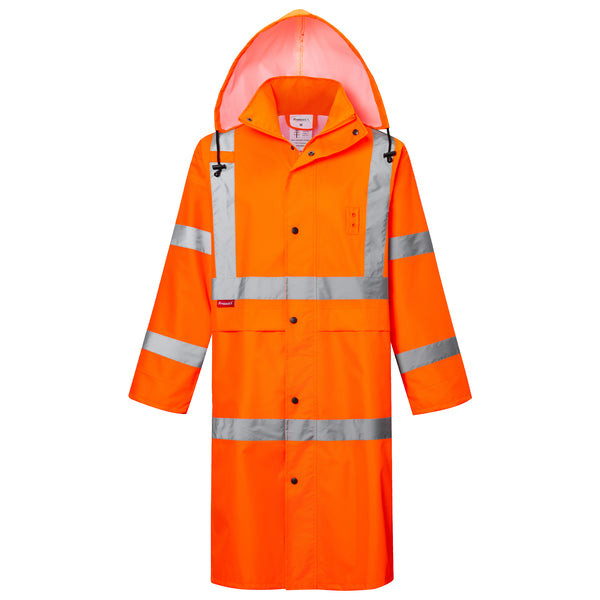 ProtectX High Visibility Neon Orange Waterproof Rain Coat for Men, Reflective One-piece Rain Jacket, Long Rain Suit, Hi Vis Safety Gear