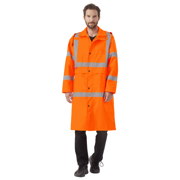ProtectX High Visibility Neon Orange Waterproof Rain Coat for Men, Reflective One-piece Rain Jacket, Long Rain Suit, Hi Vis Safety Gear
