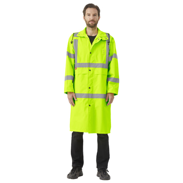 ProtectX High Visibility Green Waterproof Rain Coat for Men, Reflective One-piece Rain Jacket, Long Rain Suit, Hi Vis Safety Gear