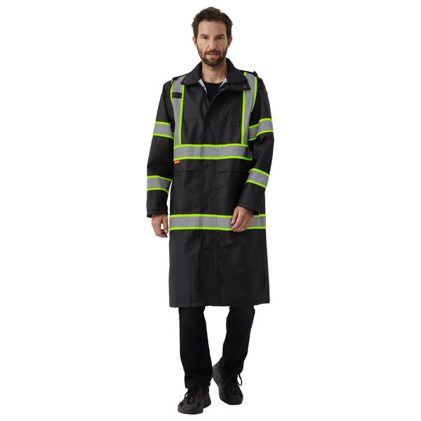 ProtectX High Visibility Black Waterproof Rain Coat for Men, Reflective One-piece Rain Jacket, Long Rain Suit, Hi Vis Safety Gear