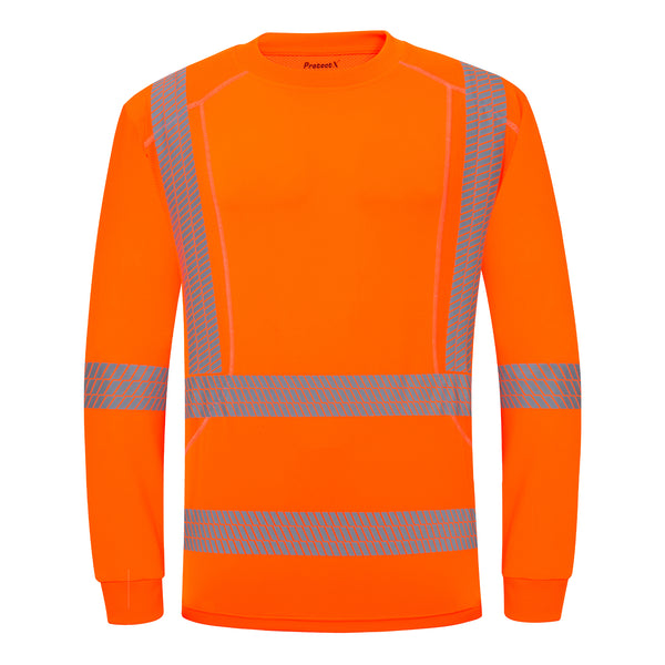 ProtectX Men's High Visibility Orange Heavy Duty Long Sleeve Reflective Safety T-Shirts for Construction,Class 3 Type R