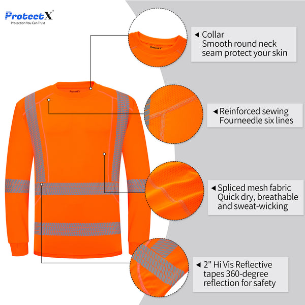 ProtectX Men's High Visibility Orange Heavy Duty Long Sleeve Reflective Safety T-Shirts for Construction,Class 3 Type R