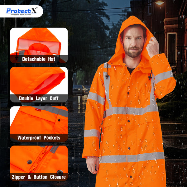 ProtectX High Visibility Neon Orange Waterproof Rain Coat for Men, Reflective One-piece Rain Jacket, Long Rain Suit, Hi Vis Safety Gear