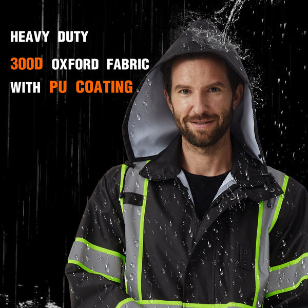 ProtectX High Visibility Black Waterproof Rain Coat for Men, Reflective One-piece Rain Jacket, Long Rain Suit, Hi Vis Safety Gear