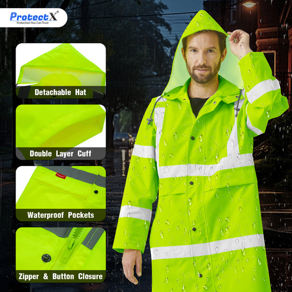 ProtectX High Visibility Green Waterproof Rain Coat for Men, Reflective One-piece Rain Jacket, Long Rain Suit, Hi Vis Safety Gear