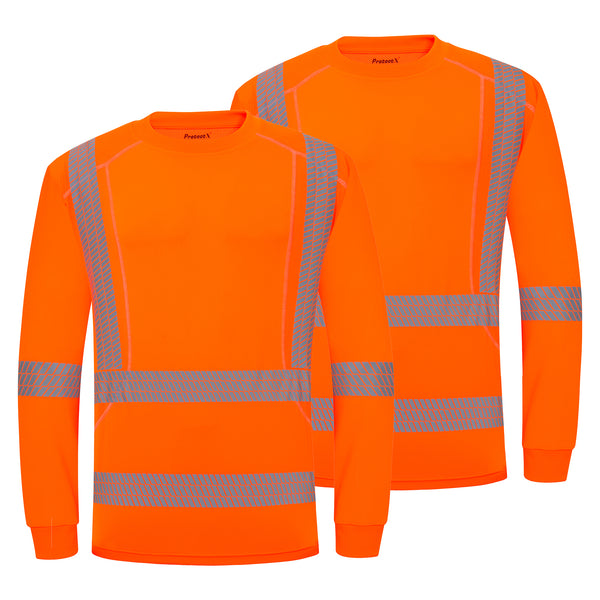 ProtectX Men's High Visibility Orange Heavy Duty Long Sleeve Reflective Safety T-Shirts for Construction,Class 3 Type R