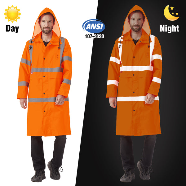 ProtectX High Visibility Neon Orange Waterproof Rain Coat for Men, Reflective One-piece Rain Jacket, Long Rain Suit, Hi Vis Safety Gear