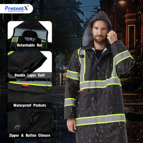 ProtectX High Visibility Black Waterproof Rain Coat for Men, Reflective One-piece Rain Jacket, Long Rain Suit, Hi Vis Safety Gear