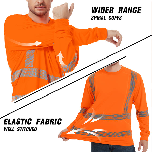 ProtectX Men's High Visibility Orange Heavy Duty Long Sleeve Reflective Safety T-Shirts for Construction,Class 3 Type R