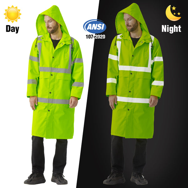 ProtectX High Visibility Green Waterproof Rain Coat for Men, Reflective One-piece Rain Jacket, Long Rain Suit, Hi Vis Safety Gear