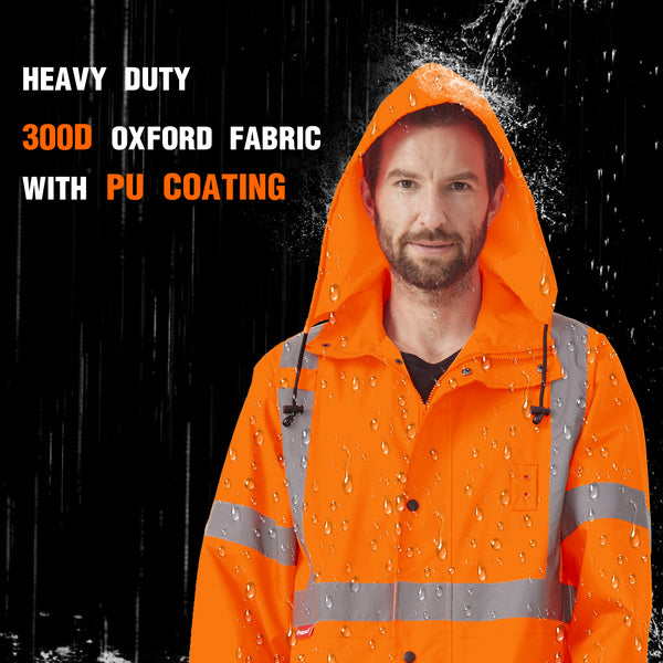 ProtectX High Visibility Neon Orange Waterproof Rain Coat for Men, Reflective One-piece Rain Jacket, Long Rain Suit, Hi Vis Safety Gear