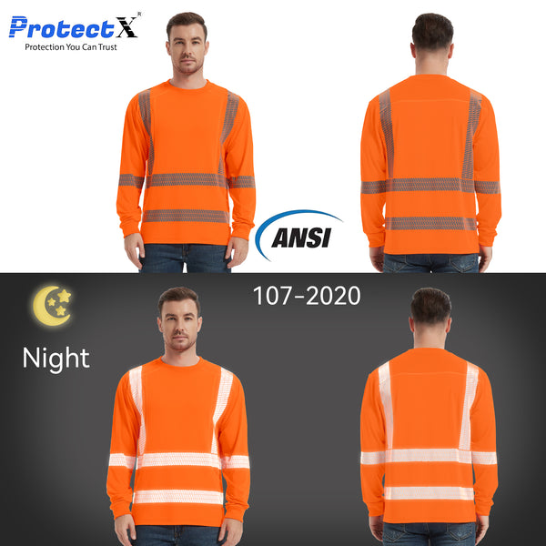 ProtectX Men's High Visibility Orange Heavy Duty Long Sleeve Reflective Safety T-Shirts for Construction,Class 3 Type R