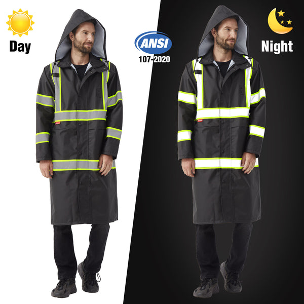 ProtectX High Visibility Black Waterproof Rain Coat for Men, Reflective One-piece Rain Jacket, Long Rain Suit, Hi Vis Safety Gear