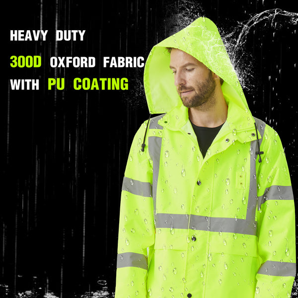 ProtectX High Visibility Green Waterproof Rain Coat for Men, Reflective One-piece Rain Jacket, Long Rain Suit, Hi Vis Safety Gear