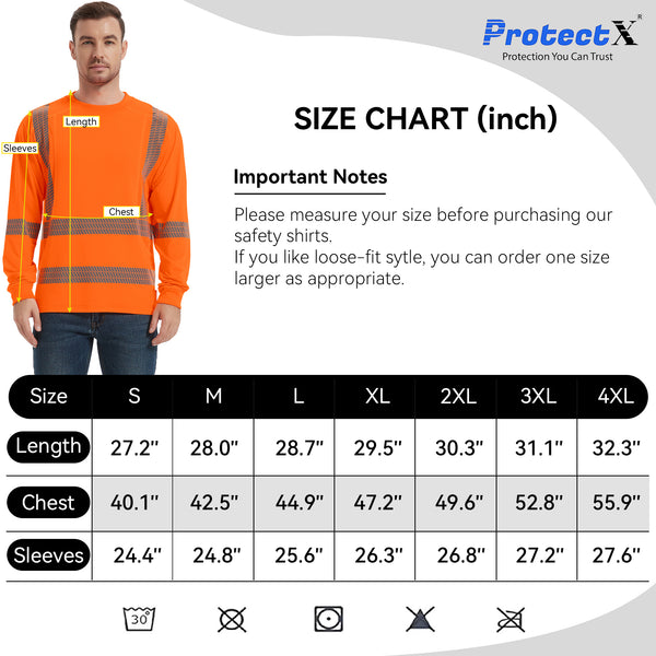ProtectX Men's High Visibility Orange Heavy Duty Long Sleeve Reflective Safety T-Shirts for Construction,Class 3 Type R