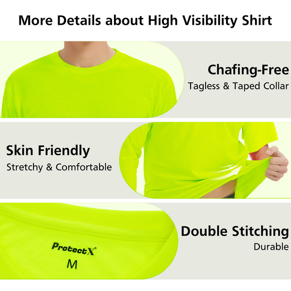 ProtectX 2-Pack High Visibility Shirts Neon Green Light Weight Short Sleeve Reflective Hi Vis Safety Shirts for Men and Women Construction Shirts