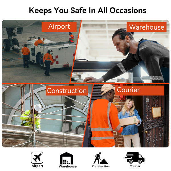 ProtectX Men's High Visibility Orange Heavy Duty Long Sleeve Reflective Safety T-Shirts for Construction,Class 3 Type R