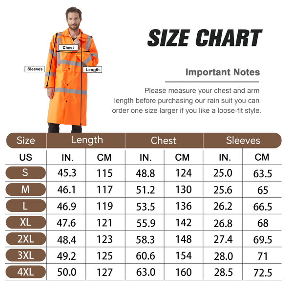 ProtectX High Visibility Neon Orange Waterproof Rain Coat for Men, Reflective One-piece Rain Jacket, Long Rain Suit, Hi Vis Safety Gear