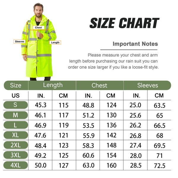 ProtectX High Visibility Green Waterproof Rain Coat for Men, Reflective One-piece Rain Jacket, Long Rain Suit, Hi Vis Safety Gear