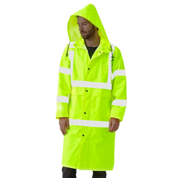 ProtectX High Visibility Green Waterproof Rain Coat for Men, Reflective One-piece Rain Jacket, Long Rain Suit, Hi Vis Safety Gear