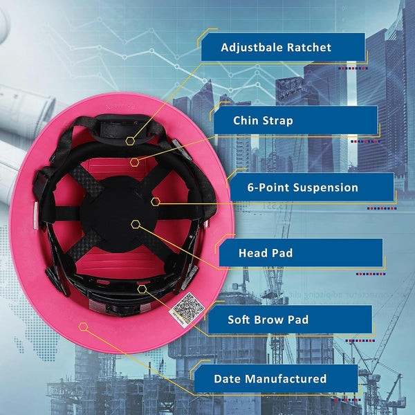ProtectX Pink Full Brim Hard Hats Vented Construction Helmets OSHA Approved Safety Hardhats 6-Point Suspension Cascos De Construction