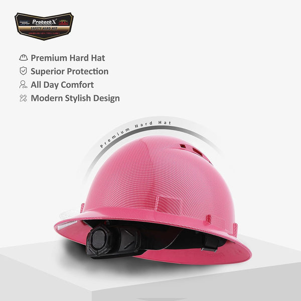 ProtectX Pink Full Brim Hard Hats Vented Construction Helmets OSHA Approved Safety Hardhats 6-Point Suspension Cascos De Construction