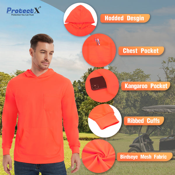 ProtectX 1-Pack Orange Hi Vis Hoodie with Pockets UPF 50+ Sun Protection Quick Dry Safety Shirt with Hood