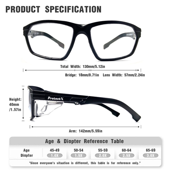 ProtectX Classic Safety Glasses Anti-Fog Scratch Resistant Lenses Protective +1.0 Diopter Reading Glasses ANSI Z87.1