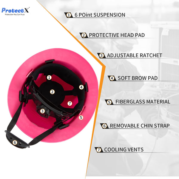 ProtectX Pink Full Brim Hard Hats Vented Construction Helmets OSHA Approved Safety Hardhats 6-Point Suspension Cascos De Construction