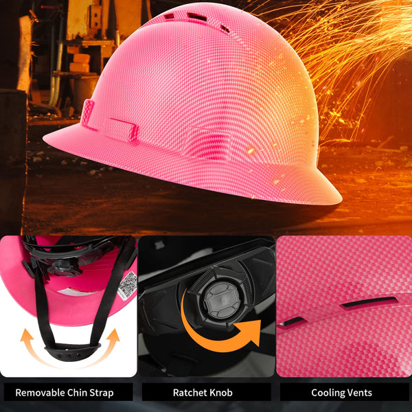 ProtectX Pink Full Brim Hard Hats Vented Construction Helmets OSHA Approved Safety Hardhats 6-Point Suspension Cascos De Construction