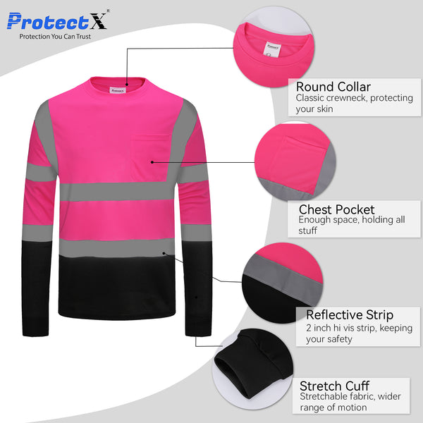 ProtectX 3-Pack Pink Reflective High Visibility Safety Shirt Long Sleeve Safety T-Shirt