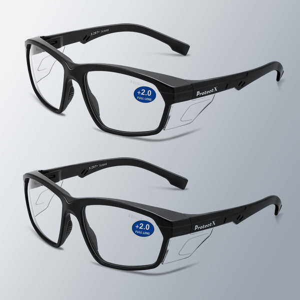 ProtectX Classic Safety Glasses Anti-Fog Scratch Resistant Lenses Protective +2.0 Diopter Reading Glasses ANSI Z87.1