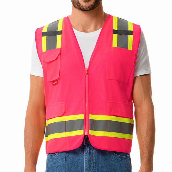 ProtectX Pink High Visibility Reflective Safety Vest for Men Women Hi Vis Work Construction Vest with Pockets Class 2 Zipper Front  7 Pockets