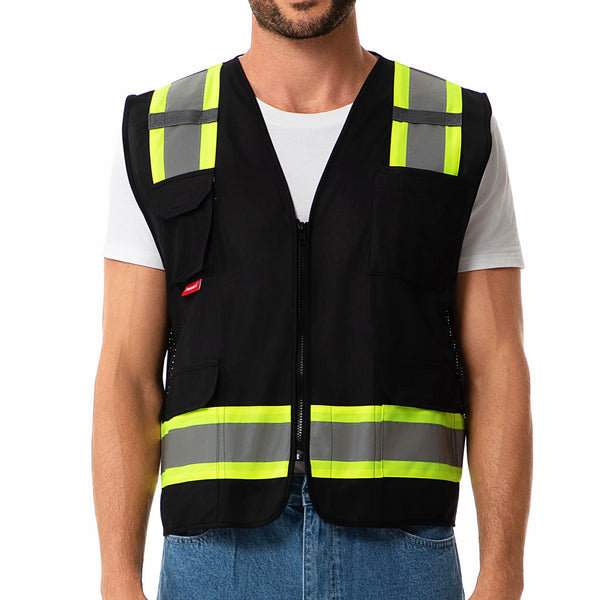 ProtectX Black High Visibility Reflective Safety Vest for Men Women Hi Vis Work Construction Vest with Pockets Class 2 Zipper Front  7 Pockets
