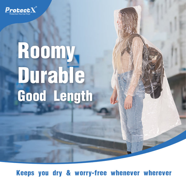 ProtectX Premium Disposable Rain Ponchos with Elastic Cuffs and Drawstring Hood