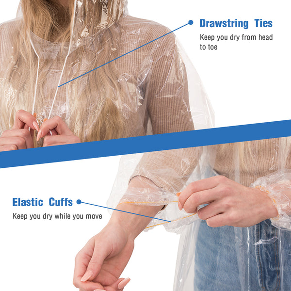 ProtectX Premium Disposable Rain Ponchos with Elastic Cuffs and Drawstring Hood