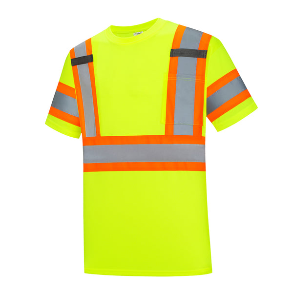 ProtectX Neon Green Hi Vis Short Sleeve Safety Shirts, Reflective Breathable Construction Apparel, Men Women Work Shirt, Class 2