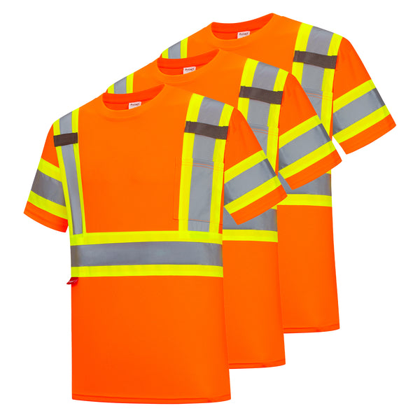 ProtectX Orange Hi Vis Short Sleeve Safety Shirts, Reflective Breathable Construction Apparel, Men Women Work Shirt, Class 2
