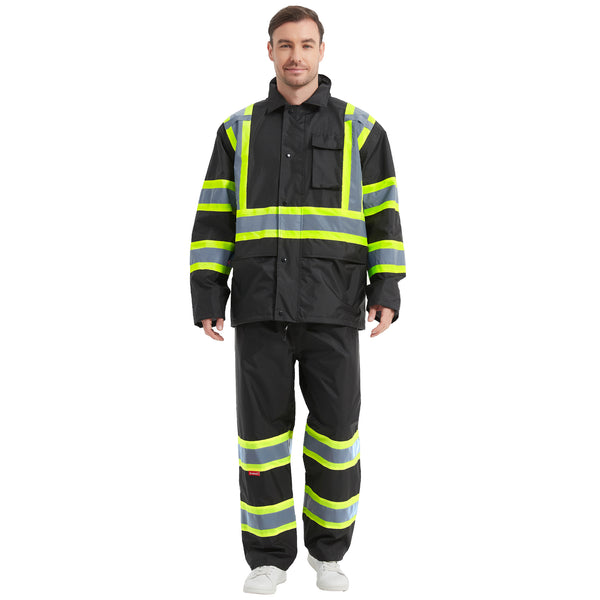 ProtectX High Visibility Rain Suit for Men Waterproof, Hi Vis Reflective Safety Rain Jacket Pant Set Rain Coat - Black