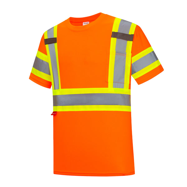 ProtectX Orange Hi Vis Short Sleeve Safety Shirts, Reflective Breathable Construction Apparel, Men Women Work Shirt, Class 2