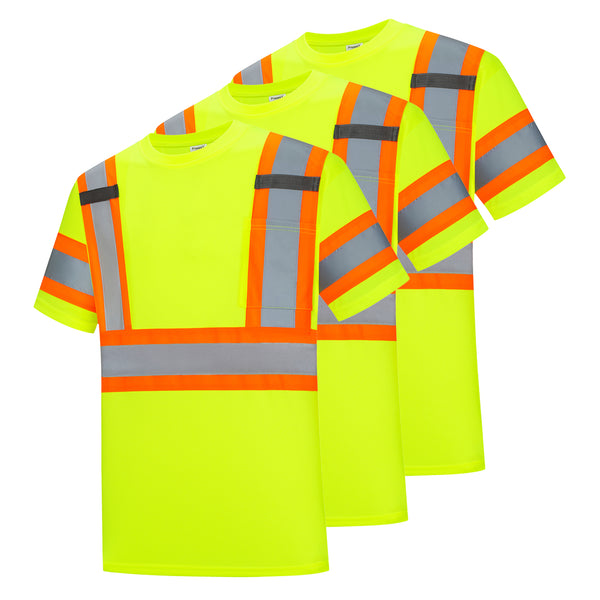 ProtectX Neon Green Hi Vis Short Sleeve Safety Shirts, Reflective Breathable Construction Apparel, Men Women Work Shirt, Class 2