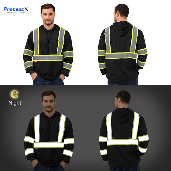 ProtectX 3 Pack Men's Hooded Black High Visibility Heavy Duty Long Sleeve Reflective Safety Shirts for Construction