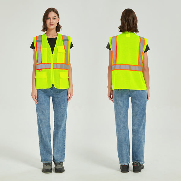ProtectX Neon Green Safety Vest for Men Women ANSI Class 2 High Visibility Mesh Reflective Construction Vest with 4 Pockets