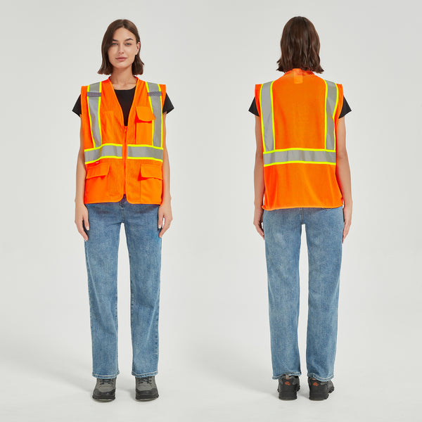 ProtectX Neon Orange Safety Vest for Men Women ANSI Class 2 High Visibility Mesh Reflective Construction Vest with 4 Pockets