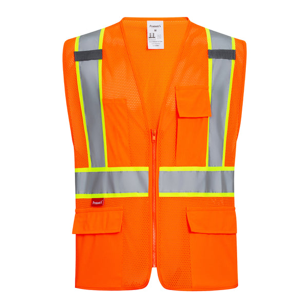 ProtectX Neon Orange Safety Vest for Men Women ANSI Class 2 High Visibility Mesh Reflective Construction Vest with 4 Pockets