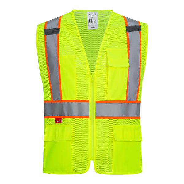ProtectX Neon Green Safety Vest for Men Women ANSI Class 2 High Visibility Mesh Reflective Construction Vest with 4 Pockets
