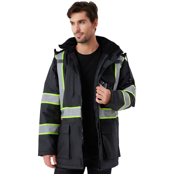 ProtectX Black High Visibility Winter Safety Jacket for Men, Reflective Insulated Work Long Coat